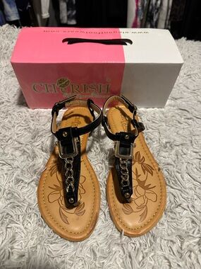 Cherish Black and Tan Chain T-Strap Sandals for Women